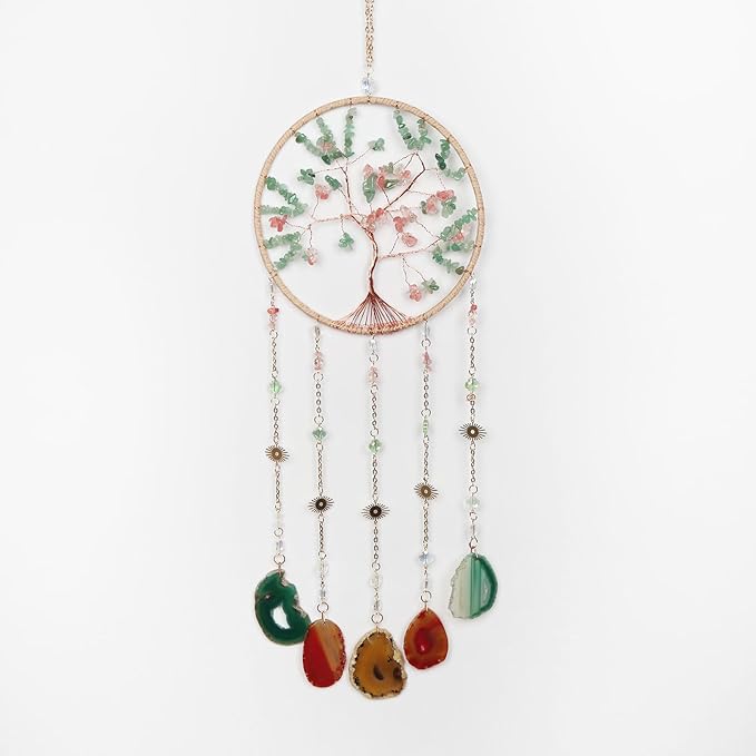 Rainbow Agate Gemstone Large Dream Catcher Crabapple Chakra Tree of Life Dream Catcher with Crystal Stones Handmade Dreamcatcher Wall Decor for Adults Boys Girls Bedroom Garden Bless Gift