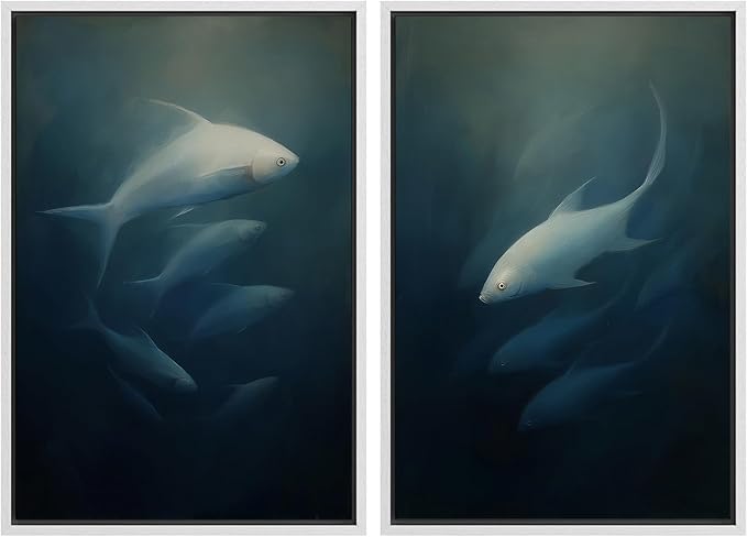 SIGNFORD Framed Canvas Print Wall Art Set Deep Sea Fish Serene Underwater Life in Dark Tones Illustration Modern Art Decorative Nordic Nature for Living Room, Bedroom, Office - 16"x24"x2 White