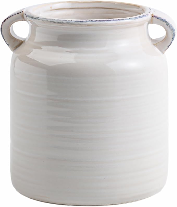 Ceramic Rustic Distressed White Flower Vase for Centerpieces, Kitchen, Office or Living Room (5.9''x6.3”)