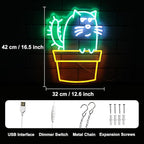 Cactus Cat Neon Sign Funny Animal LED Signs for Wall Novel Potted Plant Neon Light Dimmable Cartoon Neon Lights Signs for Bedroom Man Cave Porch Party Decor USB Powered