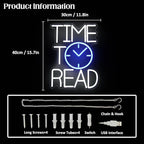 Time To Read Neon Sign Read Books Neon Light White Letter LED Signs Blue Clock Neon Read Light Up Sign for Bedroom Classroom Library Reading Corner Bookstore Decor
