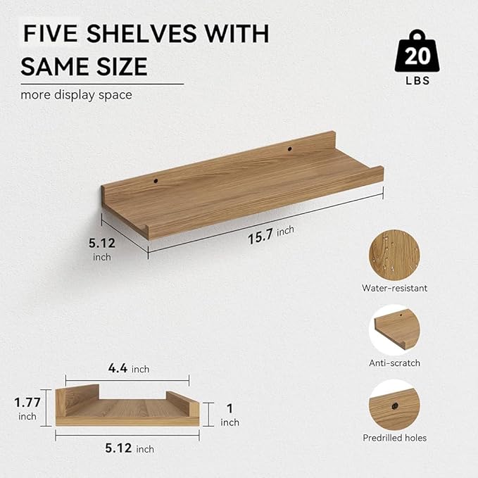 RICHER HOUSE 5 Set Floating Shelves for Wall Decor, Wall Mounted Book Shelf, Nursery Shelves Picture Ledge Shelf with Lip for Wall Storage, Bedroom, Living Room, Bathroom - Oak
