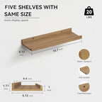 RICHER HOUSE 5 Set Floating Shelves for Wall Decor, Wall Mounted Book Shelf, Nursery Shelves Picture Ledge Shelf with Lip for Wall Storage, Bedroom, Living Room, Bathroom - Oak
