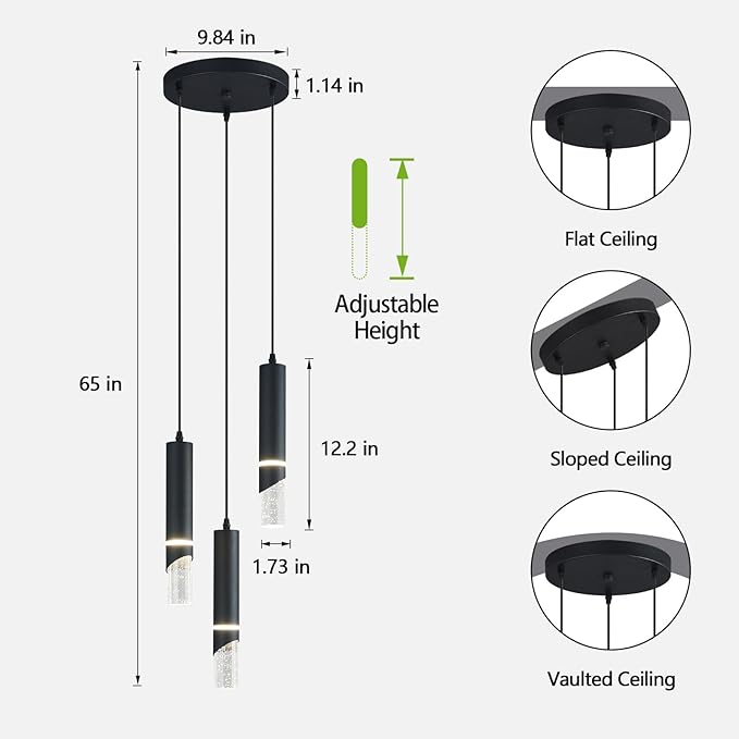 Modern Dimmable Led Pendant Lights Kitchen Island, Ideal for Living Room, Bedroom,Sink 18w LED Crystal Energy-Saving Hanging Lamp for Cozy Lighting (Black 3 Light)