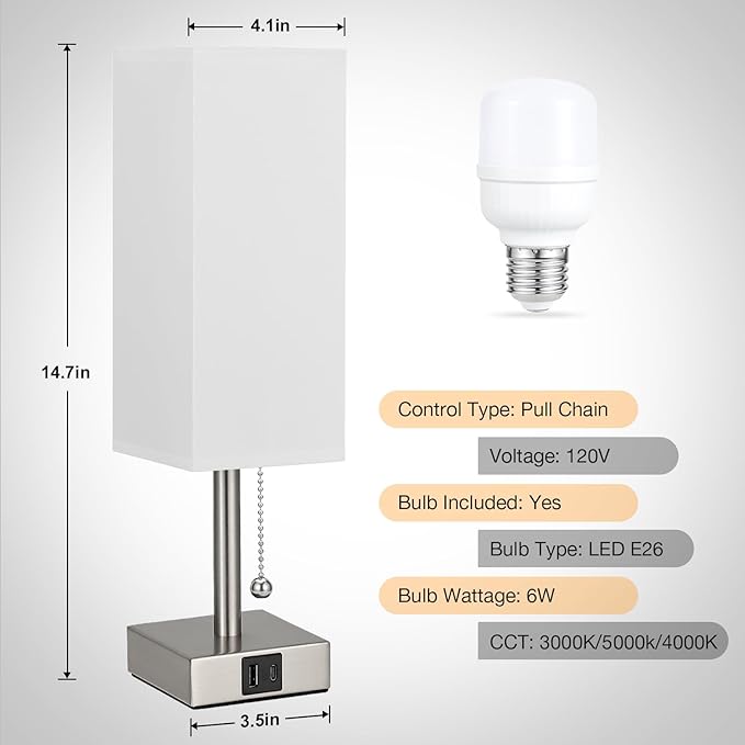 White Small Lamp for Bedroom - 3 Color Temperature 3000K 5000K 4000K Bedside Lamp, Pull Chain Control, USB A and C Charging Ports, Silver Base, for Kids Office Dorm nightstand, Bulb Included