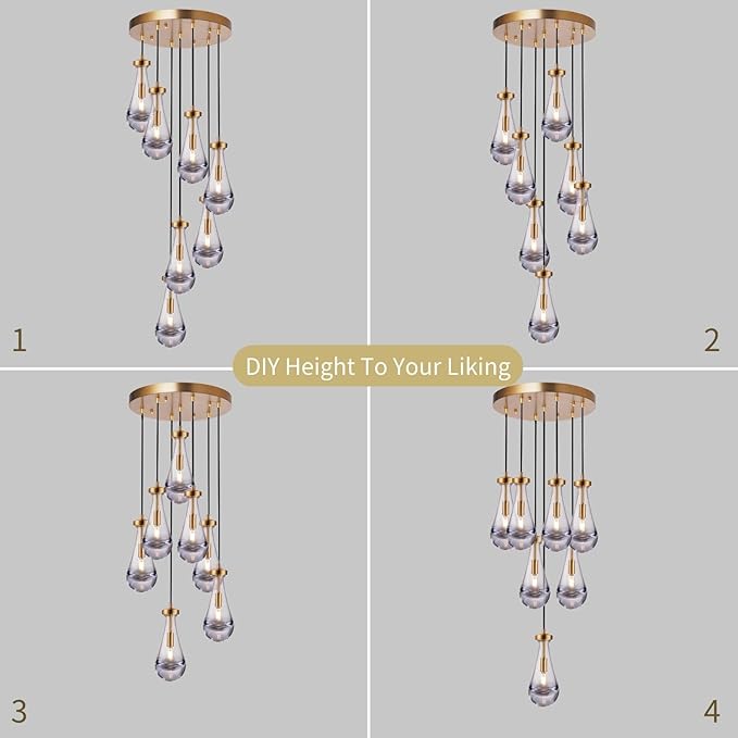 Brass Raindrop 7 Light Dining Room Pendant Light, Large Chandelier Adjustable Hanging Line, Living Room Pendant Light, Foyer Chandelier, Stairwell Pendant Lights, Bedroom