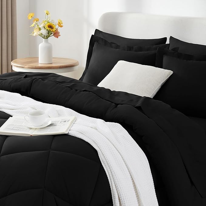 CozyLux Oversized King Comforter Set Black - 7 Pieces Bed in a Bag Comforter Set with Sheets, Luxury Soft Bed Set All Seasons, Bedding Set with Down Alternative Comforter, Sheets, Pillowcases & Shams