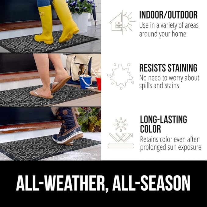 GORILLA GRIP 100% Waterproof All-Season WeatherMax Doormat, 47x35, US Designed Natural Rubber, Stain and Fade Resistant, Low Profile Indoor Outdoor Door Mats, Easy Clean Patio Mat, Slate Geometric