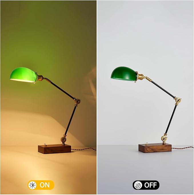 Bankers Lamp, Traditional Green Desk Lamp with Solid Ash Wood Base, Green Glass Antique Library Lamp with Power Cord Switch, Plug in Vintage Bankers Desk Lamp for Office, Study Room 【E26 Socket】