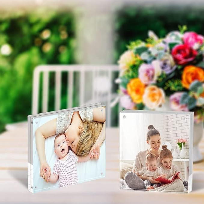 ILYXY 3 Pack Acrylic Frame 5x5, 20% Thicker, 20mm Thick Frameless Clear Picture Frame, Double Sided Magnetic Photo Frame, Free Standing Desktop Display Stand Acrylic Picture Frames
