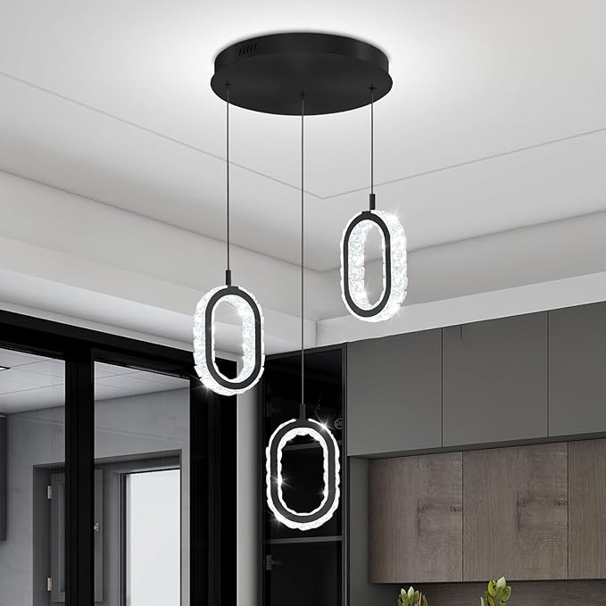 Dimmable Oval Pendant Light Modern LED Pendant Lights for Kitchen Island Adjustable Crystal Ring Chandelier for Dining Room Bedroom Living Room 3-Light Black