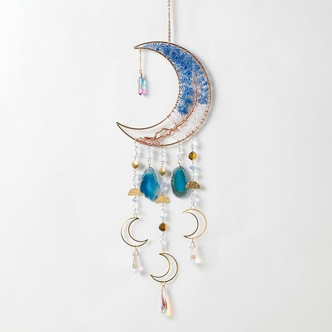 Agate Gemstone Dream Catcher 7 Chakra Tree of Life Dream Catcher with Crystal Stones Handmade Dreamcatcher Wall Decor for Adults Boys Girls,Bedroom,Wedding,Garden,Bless Gift(Blue Moon with Pendant)