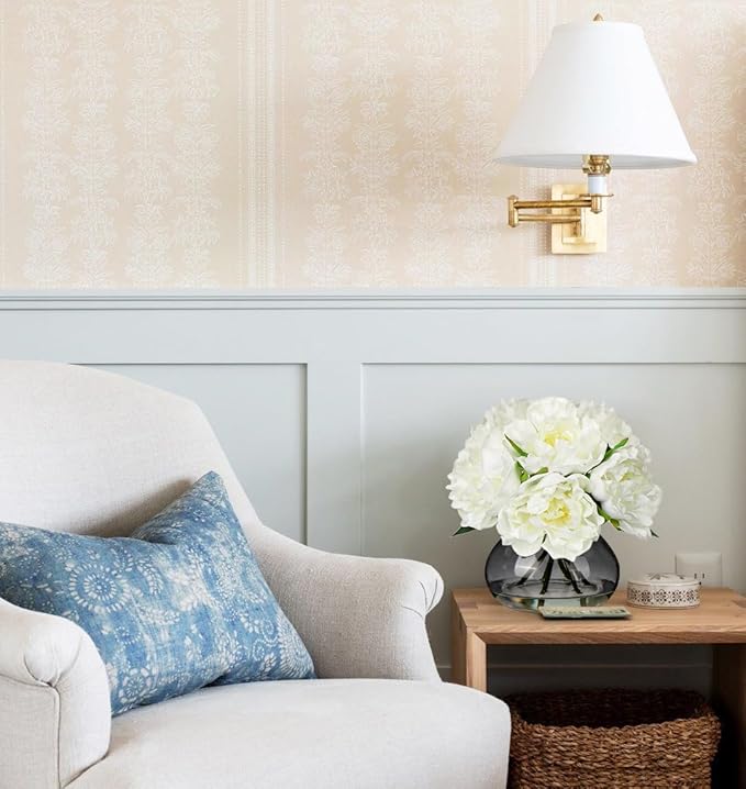 Hollyone Peonies Artificial Flowers with Vase White Peony Fake Flowers Faux Silk Flower Arrangements in Glass Vase with Faux Water Faux Floral Bulk Bouquet for Home Office Table Centerpiece Decoration