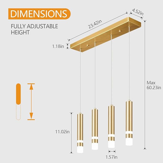 4-Light Dining Room Modern Pendant Light Kitchen Fixture Dimmable LED Gold Pendant Lighting fo Kitchen Island Study Pendant Lights