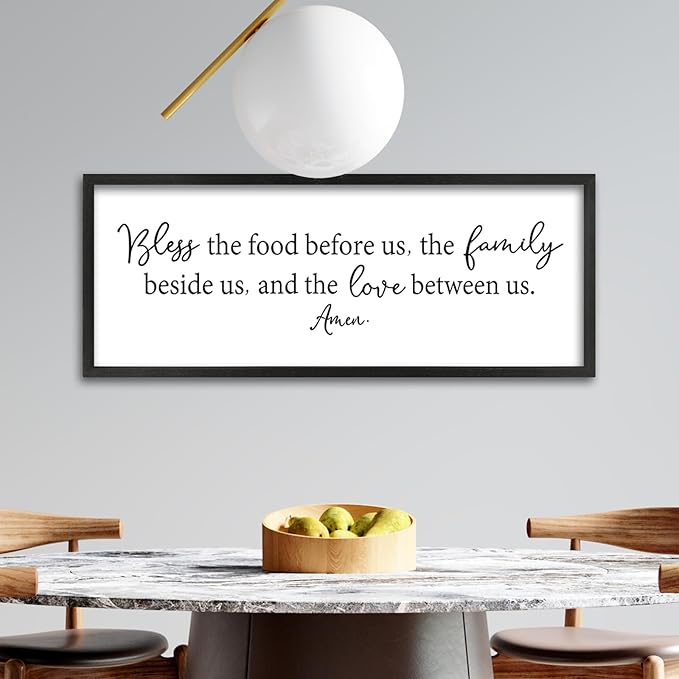 ZZJJHYWGQ Dining Room Bless The Food Before Us Wall Decor Kitchen Christian Sign 40"X15" Christian Grateful Farmhouse Large Catholic Wooden Frame Wall Hanging Art (Black)