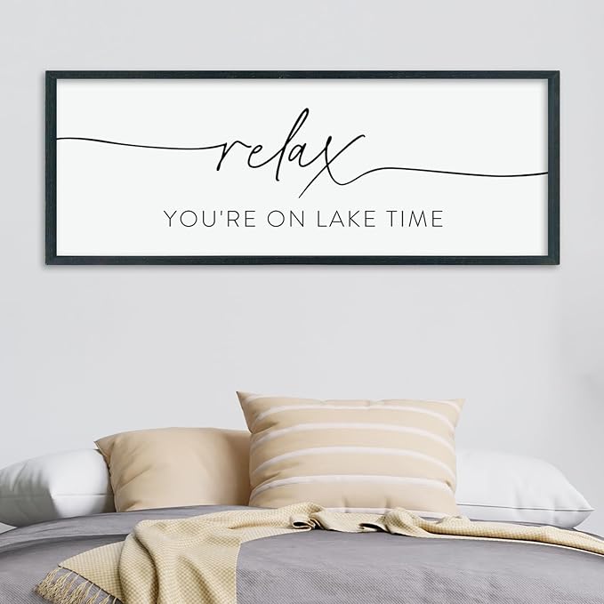 Relax You're On Lake Time Sign Wall Decor 40"×15" Lake House Bedroom Large Wood Framed Hanging Wall Art (Black)