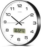 Wall Clock, 13" Dial Non-Ticking Silent Battery Operated Analog with LCD Display for Perpetual Calendar and F° Temperature, Ideal Modern Home, Bedroom, Kitchen, Office Decor(Black)