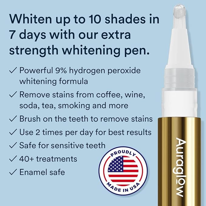 Auraglow Extra Strength Teeth Whitening Pen, 9% Hydrogen Peroxide, 40+ Whitening Treatments, Whitens Teeth Fast, No Sensitivity, 4mL