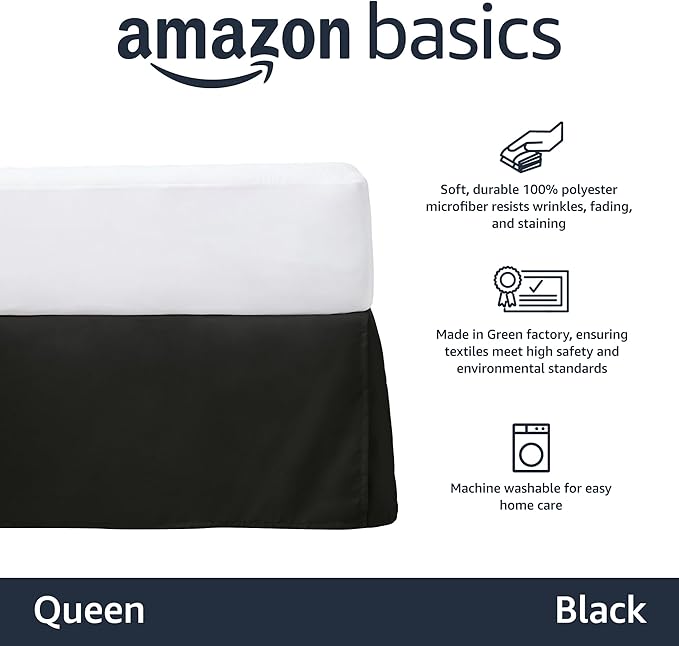Amazon Basics Lightweight Pleated Bed Skirt, Queen, Black, Solid