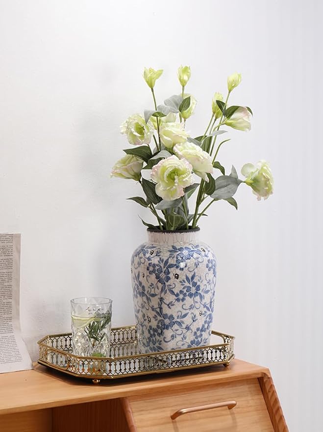 Blue and White Floral 10inch Ceramic Flower Vase, Traditional Chinese Style, Decorative Porcelain Container