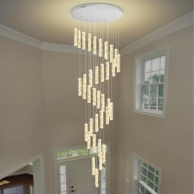 150 Inches Long Crystal Chandelier Large Spiral Stair Chandeliers for High Ceilings Foyer Entryway Flush Mount Ceiling Lights 36-Light Silver LED Dimmbale