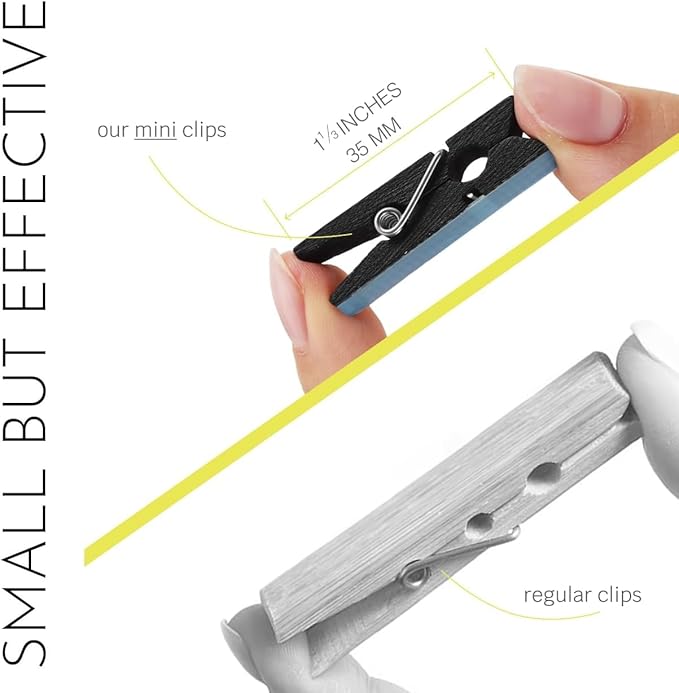 50 Pack Mini Self Adhesive Clips for Pictures - Black Wood Clip Photo Holders for Wall, Poster Hanger, Photo Cards Hanging Display Board & Picture Boards, Artwork Photos Holders Card Room Decor