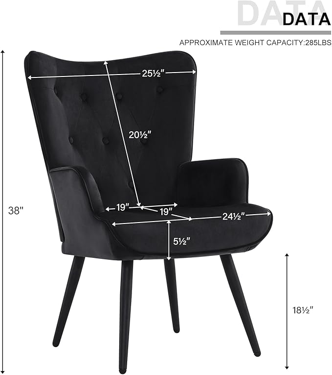 Furnimart Black Velvet Accent Chair Mid Century Modern Living Room Chairs; Comfy Armchair Leisure Vanity Guest Wingback Chair for Office Study Vanity Bedroom Waiting Room