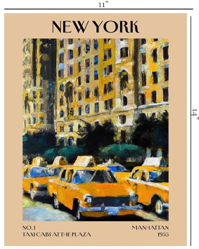 Retro Vintage New York Wall Art Print - 11x14 Unframed Poster - New York City Souvenirs, Cute Trendy Colorful Wall Decor (Taxi Cabs at the Plaza, 11x14")