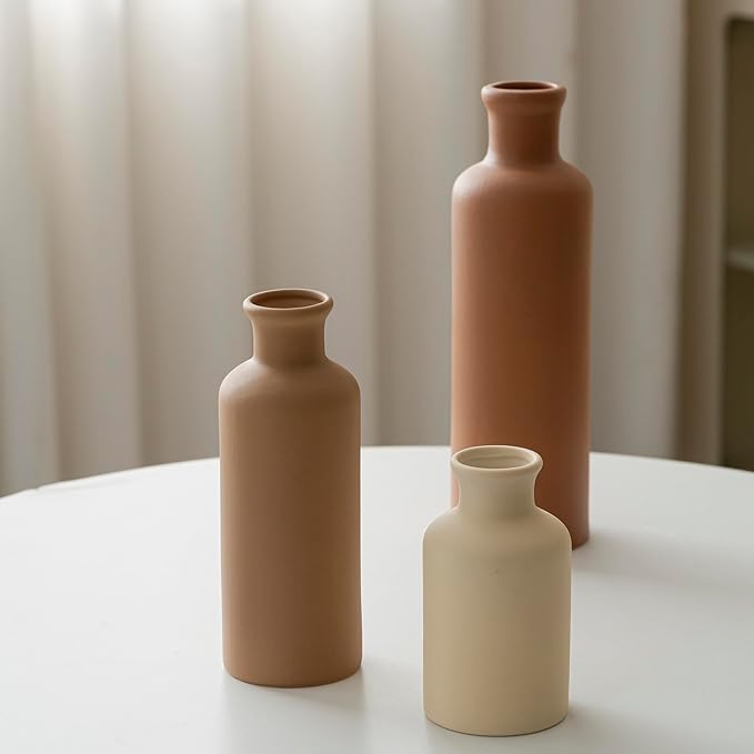 Modern Ceramic Vase Set of 3, Neutral Colors, Decorative Bottles for Home, Earth Tone Farmhouse Rustic Decor (Coffee Mix)