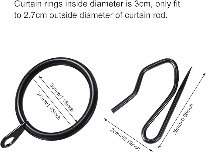 Hotop 60 Pieces 1.26 Inch Metal Drapery Curtain Rings Curtain Hanging Rings and 60 Pieces Metal Drapery Pin Hooks for Drapes Window Door Shower (Black)
