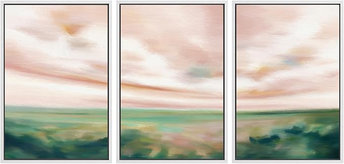 SIGNWIN Framed Canvas Print Wall Art Set Pastel Watercolor Pink Cloud Sky Green Countryside Hill Nature Wilderness Illustrations Modern Art Decorative Scenic Relax/Calm for Bedroom - 24"x36"x3 White