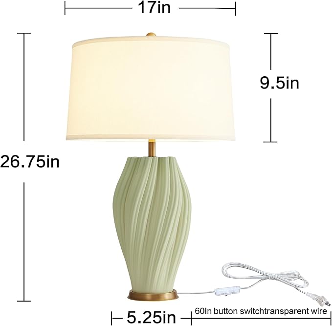 Modern Textured Ceramic Large Table Lamps 26.75", Sage Green Plug in Table Lamp Decor for Living Room Bedroom Bedside Tables Office Desk End