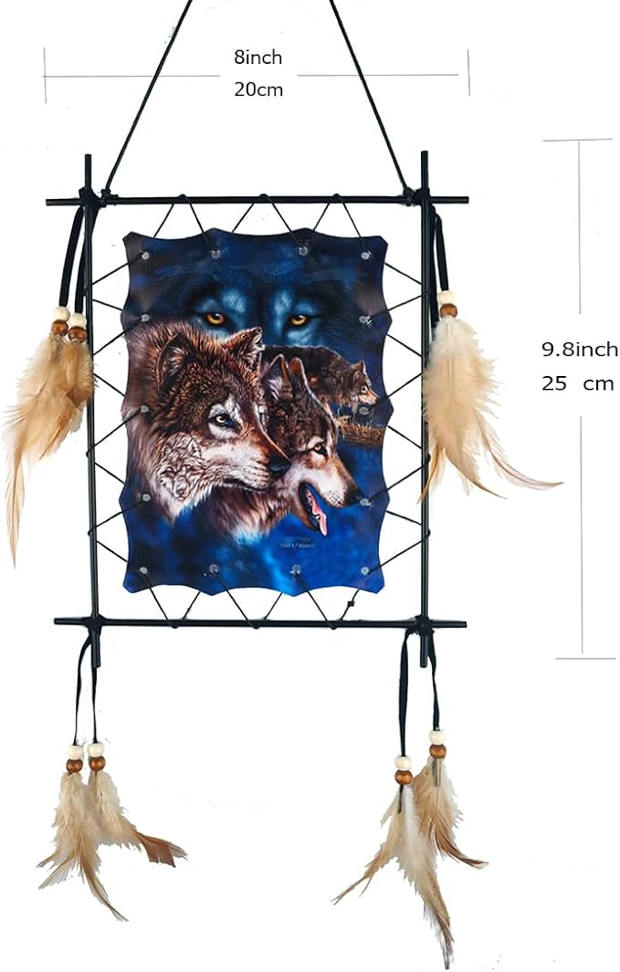 Remorelt Wolf Eagle Bear Dream Catcher Bedroom Wall Decor, Christmas Home Decoration, Room Accessory, White Moon Feather Decoration - Unique Home Craft Wall Pendant (DC06 Frame Set 2)