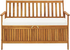 vidaXL Solid Acacia Wood Outdoor Storage Bench with Backrest, Armrests, and Cushion - 47.2"x24.8"x33.1" Rustic Patio Furniture with Large Storage Compartment