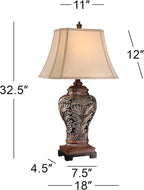 Barnes and Ivy Traditional Table Lamps 32.5" Tall Set of 2 Bronze Brown Carved Leaf Openwork Vase Tan Rectangular Shade Decor for Living Room Bedroom House Bedside Nightstand Home Office