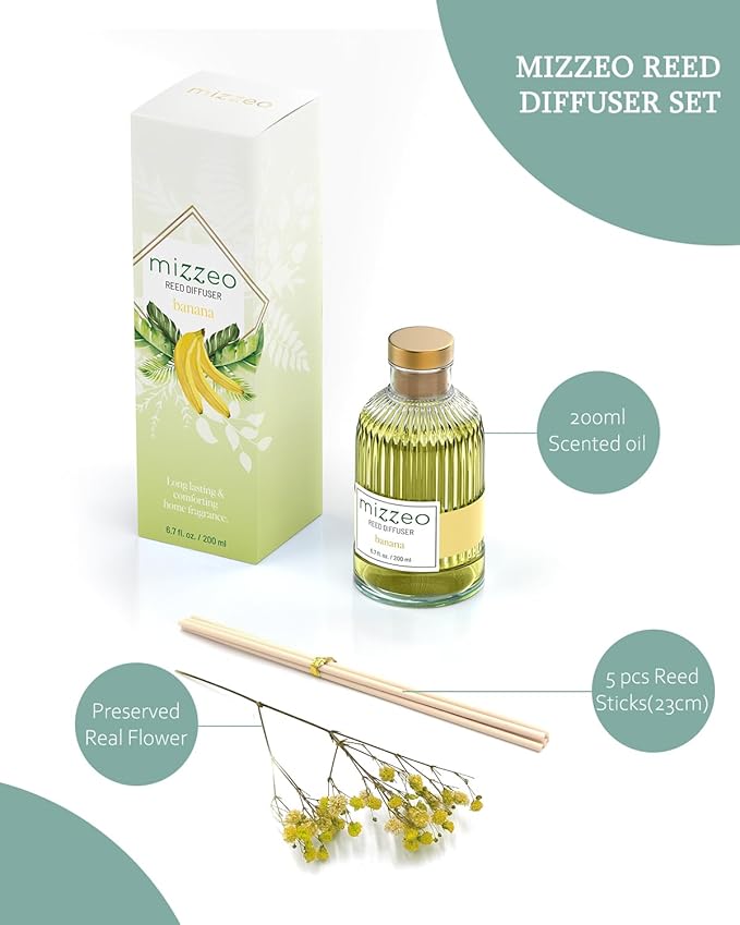 MIZZEO Reed Diffuser Set, Banana 6.76 fl oz Highly Scented Room Diffuser Home Fragrance Essential Oil Reed Flower Diffuser, House Bedroom Office Decor & Gifts