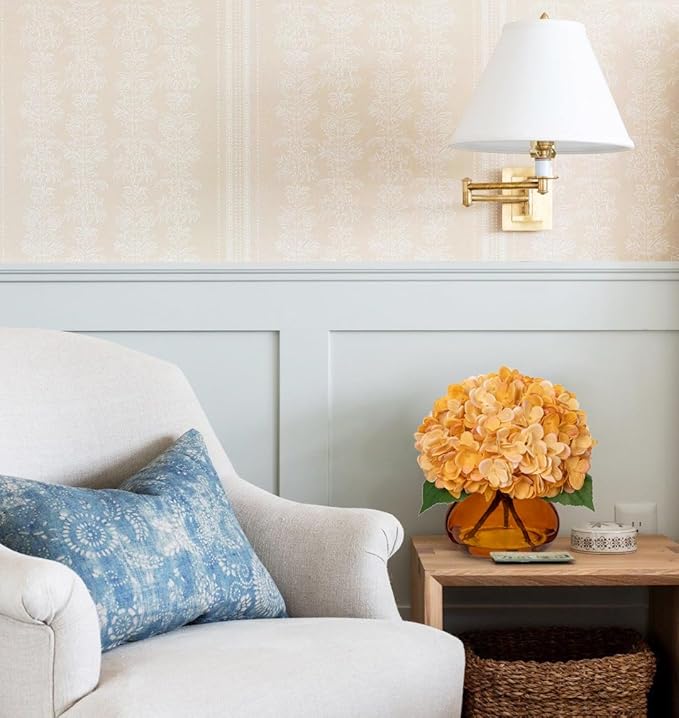 Hollyone Hydrangea Fall Flowers Artificial for Decoration with Glass Vase Yellowish Orange Silk Faux Flowers Arrangements in Vase with Fake Water Autumn Table Centerpiece Fall Decorations for Home