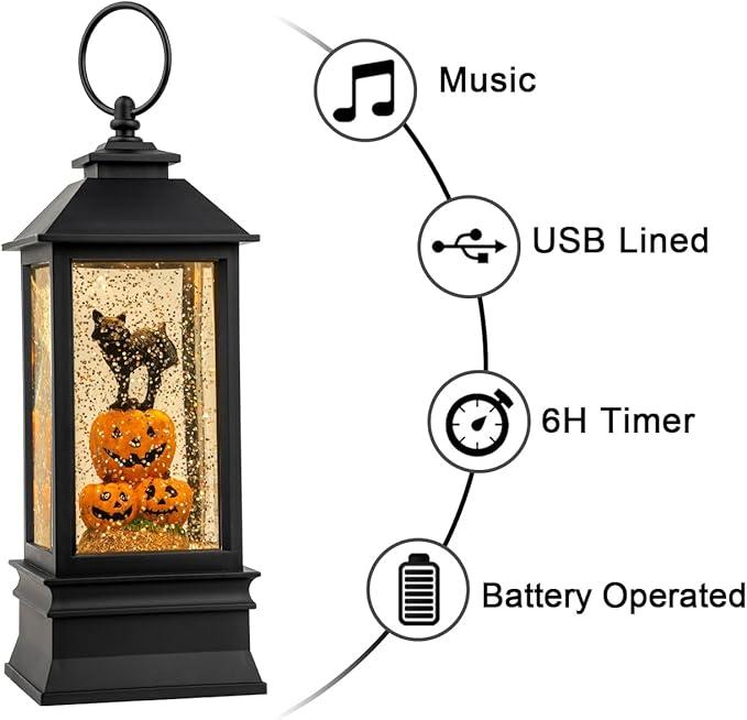 10'' Halloween Snow Globe Lantern Lighted Musical Water Lantern Spooky Pumpkin and Witch' s Black Cat Combo with Swirling Glitter, Battery Operated or USB Powered