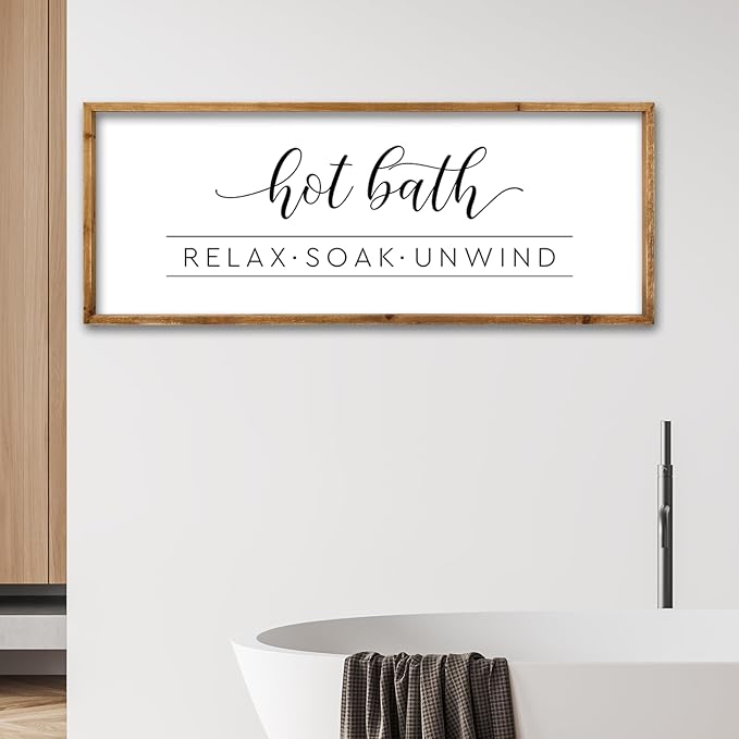 ZZJJHYWGQ Hot Bath Relax Soak Unwind Sign Bathroom Wall Decor 32"×12" Farmhouse Rustic Funny Bathroom Vintage Restroom Guest Large Wooden Framed Washroom Hanging Art (Wood)