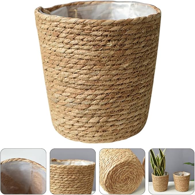 Home Decor Woven Straw Flower Pot Seagrass Planters Basket Garden Plant Pot Containers Wicker Rattan Vase Sundries Organizer Storage Bins for Indoor Outdoor Plants Vintage Decor