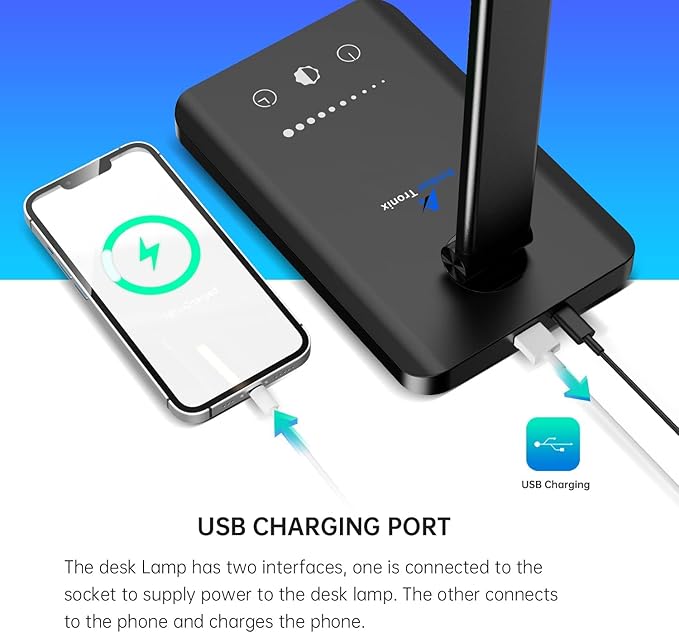 Ambertronix LED Desk Lamp with USB Charging Port, Dimmable Eye-Caring Reading Desk Light for Home, with 5 Brightness Level & 3 Lighting Modes, Touch Control, Auto Timer (Black)