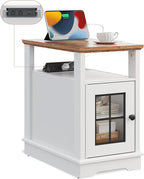 WLIVE Farmhouse End Table with Charging Station, Narrow Side Table for Living Room, Night Stand with Storage , Small Wooden Cabinet with USB Ports and Outlets for Bedroom, 23.62"D x 13.98"W x 23.7"H