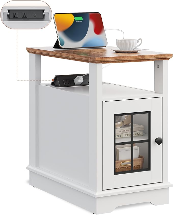 WLIVE Farmhouse End Table with Charging Station, Narrow Side Table for Living Room, Night Stand with Storage , Small Wooden Cabinet with USB Ports and Outlets for Bedroom, 23.62"D x 13.98"W x 23.7"H