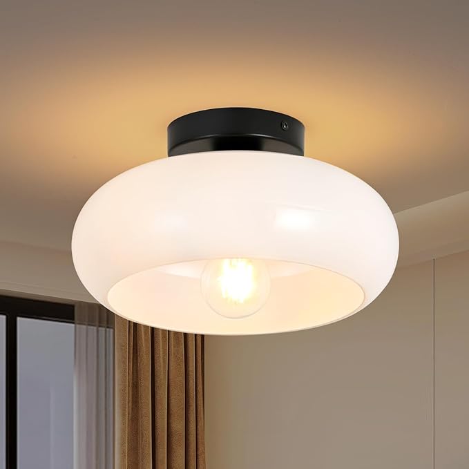 Mid-Century Modern Semi Flush Mount Ceiling Light, Metal Kitchen Light Fixture with Glass Shade,Vintage White and Black Colse to Ceiling Lamp for Entryway Hallway Bathroom (11.0 Inch)