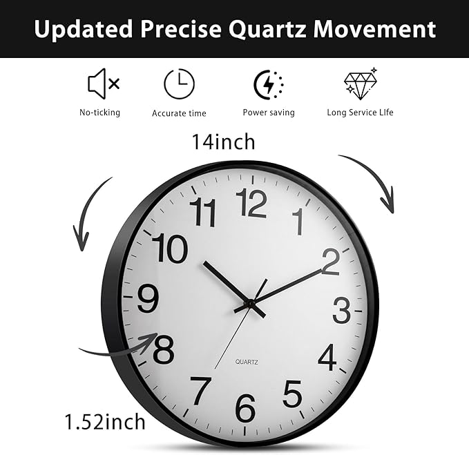 Inbagi 8 Pcs Wall Clock Large Silent Battery Operated Wall Clocks Modern Non Ticking Wall Clocks Bulk Decorative for Kitchen Office Living Room Home Bathroom Bedroom Classroom(White,14 Inch)