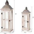 TIMRIS Large Rustic Wooden Decorative Lantern Set of 2, Modern Farmhouse Distressed Whitewash Floor Candle Lanterns, Indoor/Outdoor Hanging Lanterns for Home Decor (No Glass)
