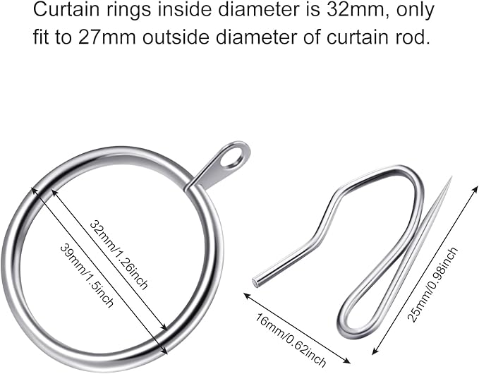 Hotop 30 Pcs Metal Drapery Curtain Rings 0.98/1.26/1.65 inch Interior Diameter and 30 Pcs Hanging Curtain Drapery Pin Hooks for Window Door Shower(32 mm,Silver)