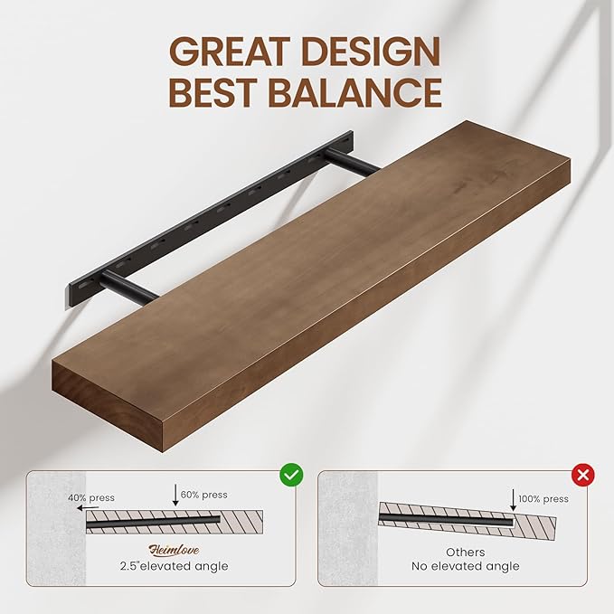 Heimlove 36 inch Floating Shelves for Wall,2 Packs Natural Pine Solid Wood Bathroom Shelf Over Toilet Decor and Storage 8 inches Deep for Kitchen Bedroom Office & Living Room Display Wall Decor