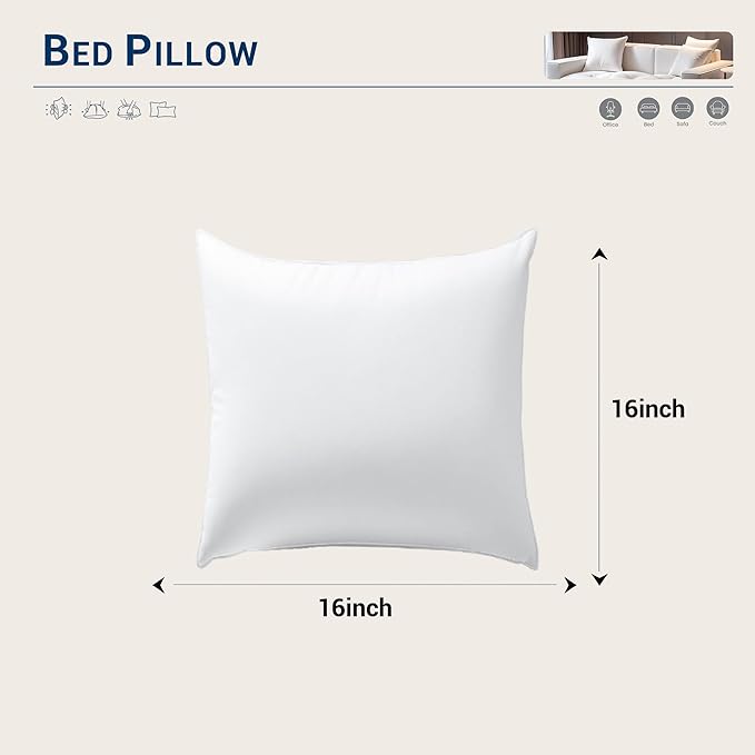 Set of 2 16×16 Inch Pillow Inserts Cotton Cover with Premium Fiber Filling Machine Washable Soft Fluffy Decorative Pillows for Indoor Outdoor Use Perfect for Couches Seats & Beds