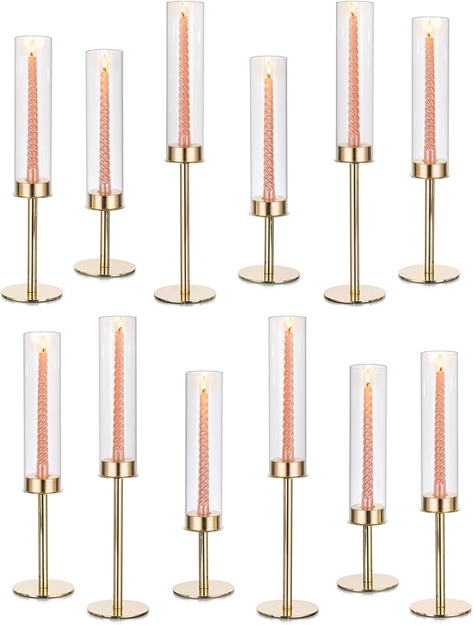 Gold Candlestick Hurricane Candle Holder: Glasseam Candlestick Holders for Taper Candles Bulk 12, Modern Candle Stick Candle Holder with Glass Chimney, Fireplace Candle Holder for Dining Table Decor